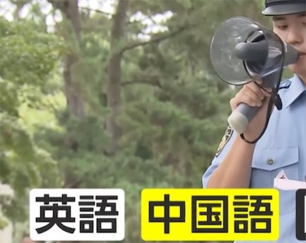 日本网民评论：日本警方出动，拿着大喇叭用英语、中文提醒游客不要踢鹿